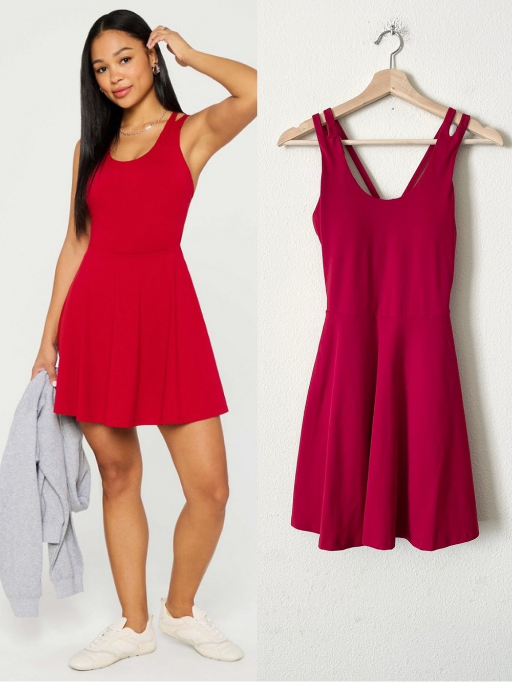 Fabletics SMALL Boost Performance mini strappy back dress in Holly Berry red